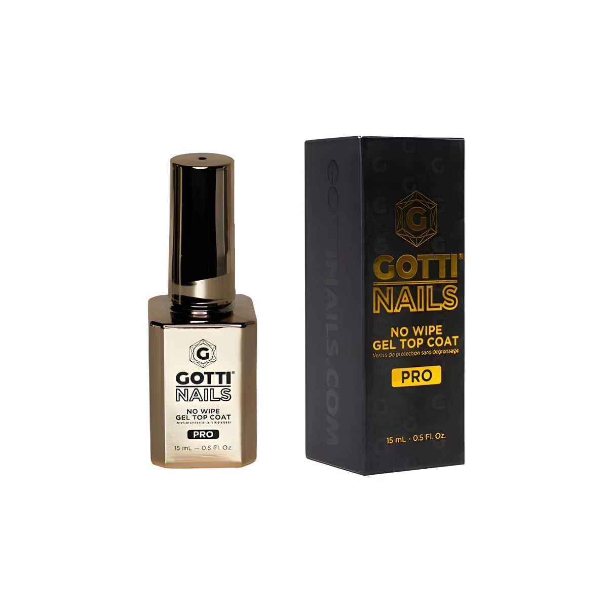 Gotti Nails front bottle showing clear no-wipe top coat with professional packaging and benefit