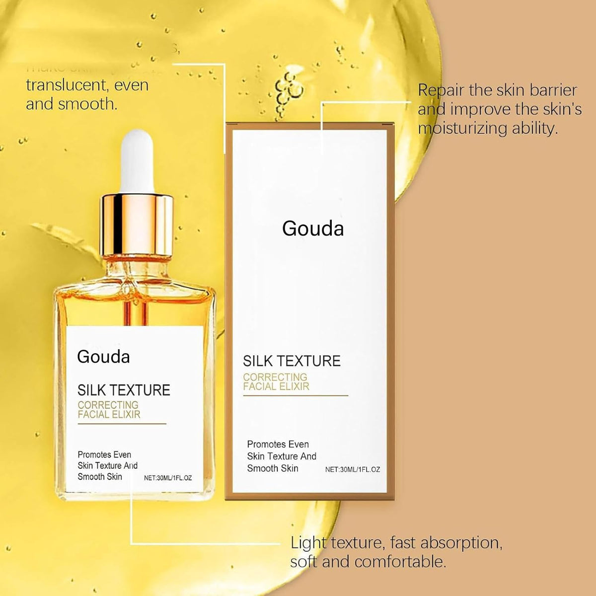 Gouda oil texture pool showcasing silky non-greasy formula and lightweight feel