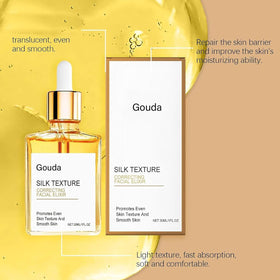 Gouda oil texture pool showcasing silky non-greasy formula and lightweight feel