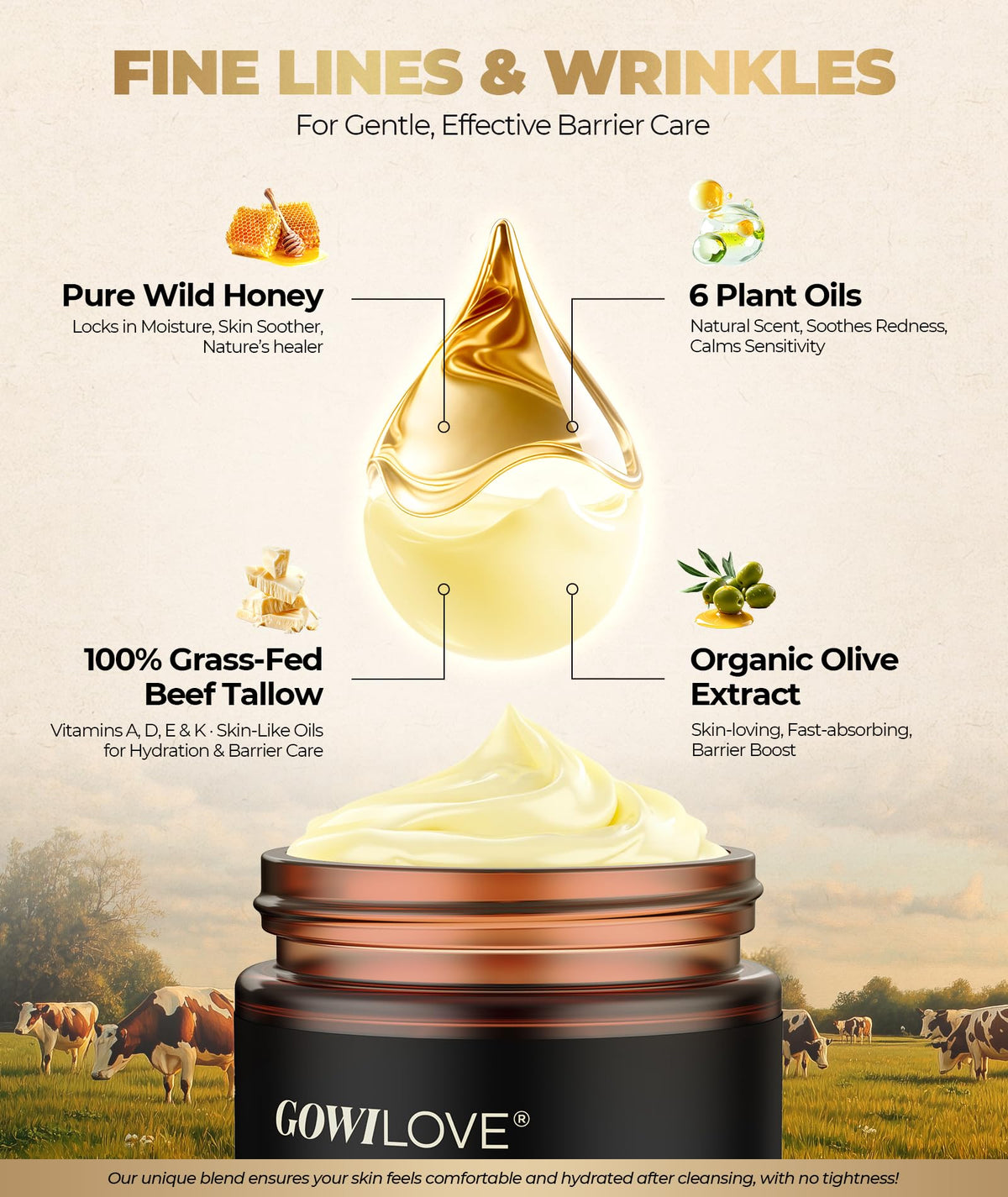 GOWILOVE ingredient flatlay with grass-fed tallow and honey highlighting natural sourcing
