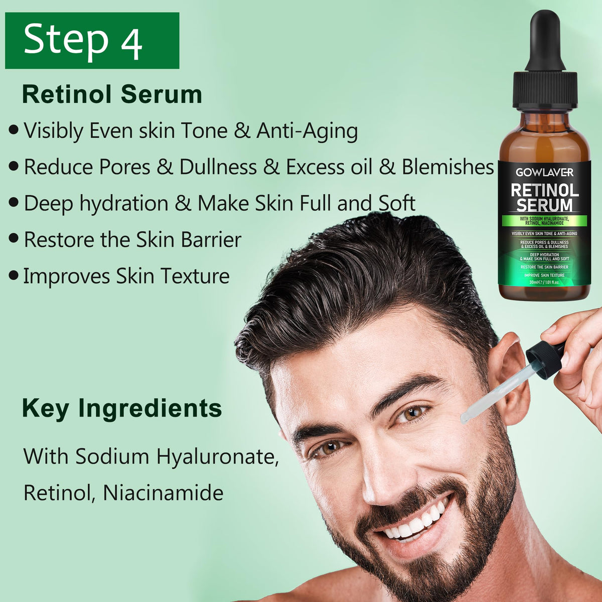 GOWLAVER retinol serum dropper dispensing precise drops to support skin renewal