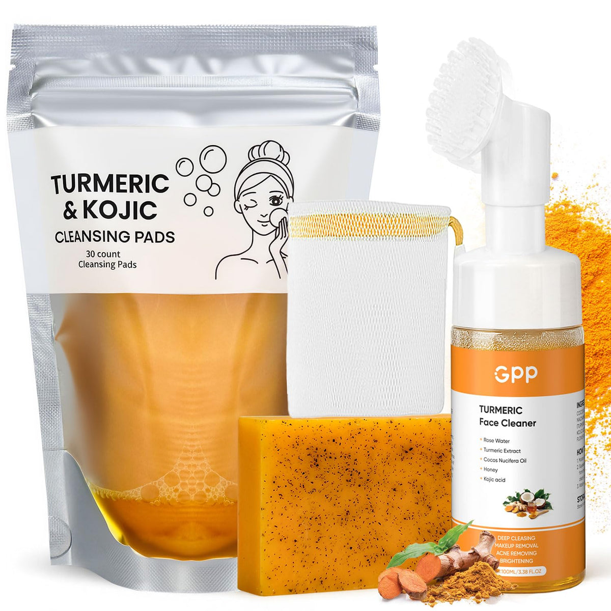 GPP turmeric skincare set front packaging showing soap, wash, and 30 pads for convenience