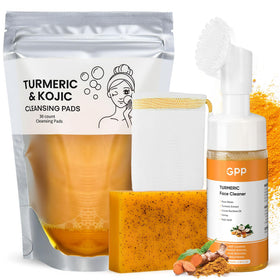 GPP turmeric skincare set front packaging showing soap, wash, and 30 pads for convenience
