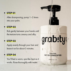 grab!ty bottle in bathroom next to blow dryer illustrating styling compatibility