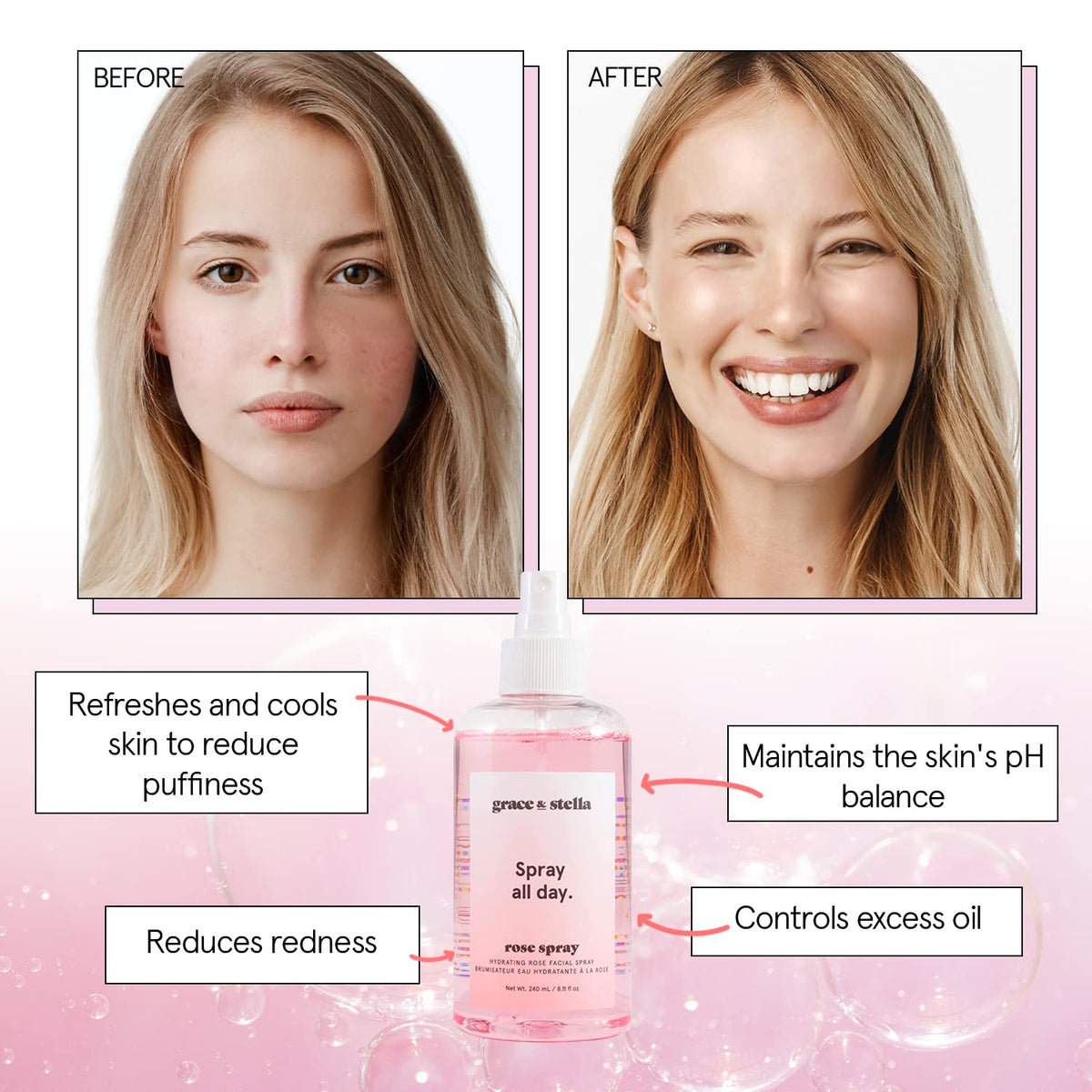 grace & stella close-up of rose water texture showing lightweight hydrating formula