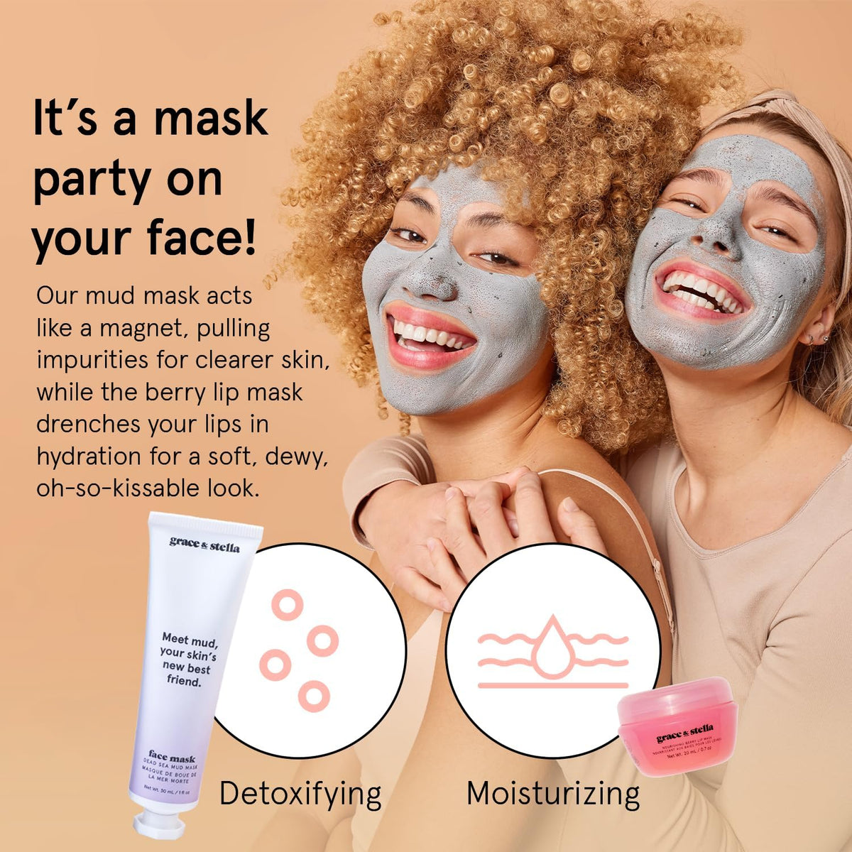 grace & stella dead sea mud mask texture on fingers for deep-cleansing benefit