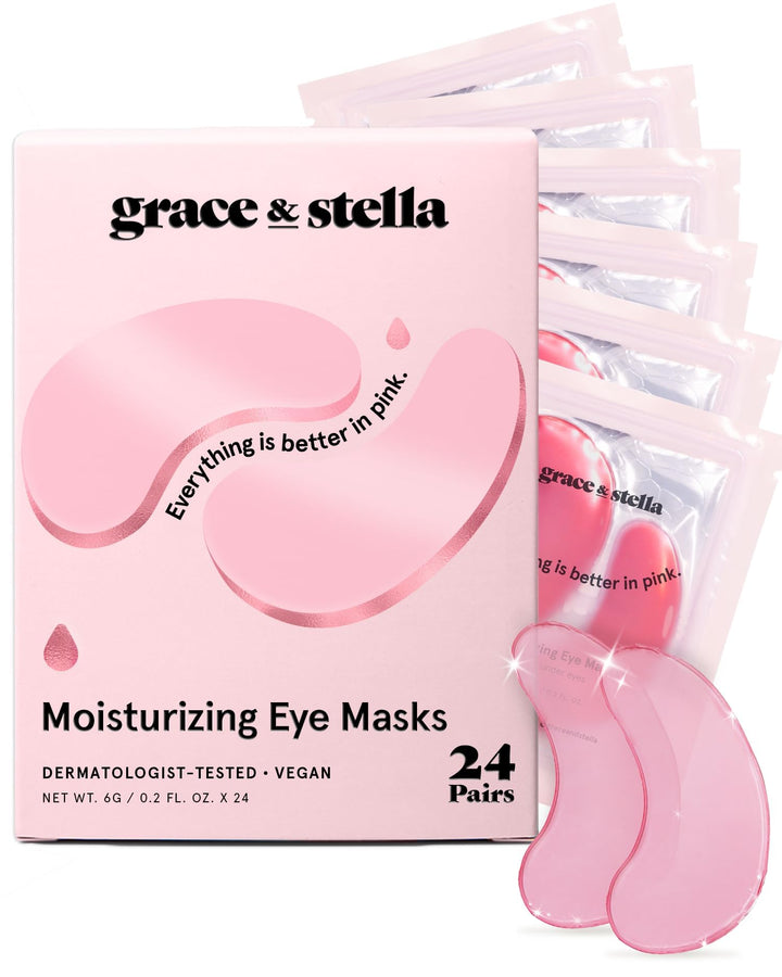 grace & stella front box showing 24-pair pack and bright pink design benefit: convenient supply