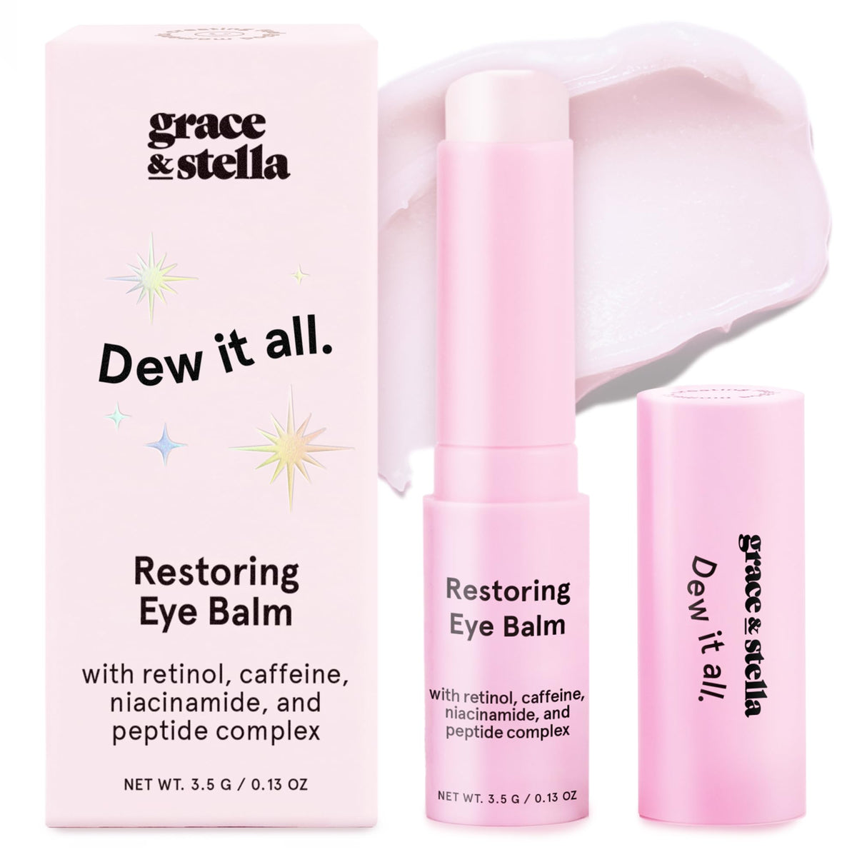 grace & stella front packaging of the under eye brightener stick showing compact design and branding benefit: easy travel use