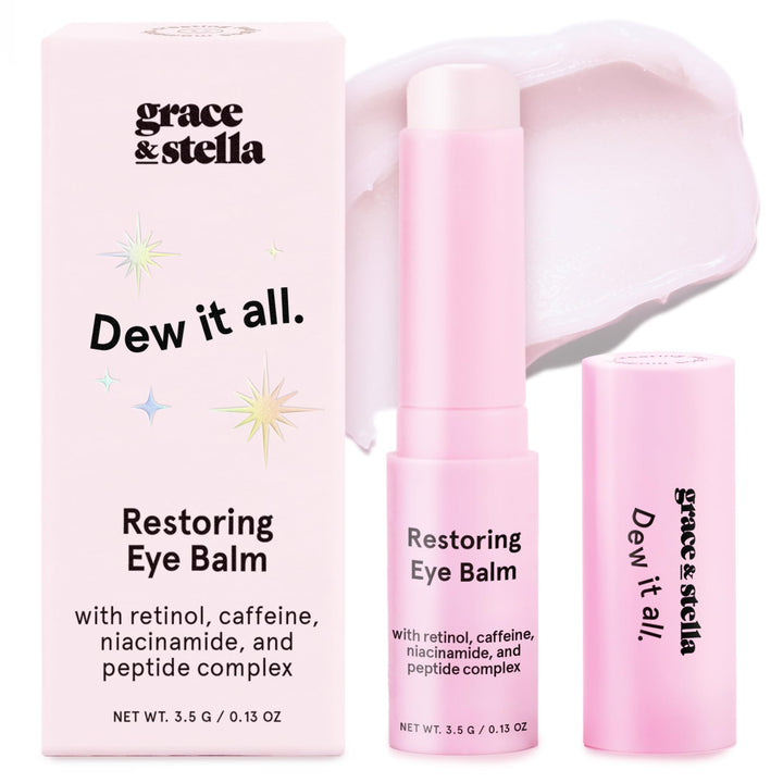 grace & stella front packaging of the under eye brightener stick showing compact design and branding benefit: easy travel use