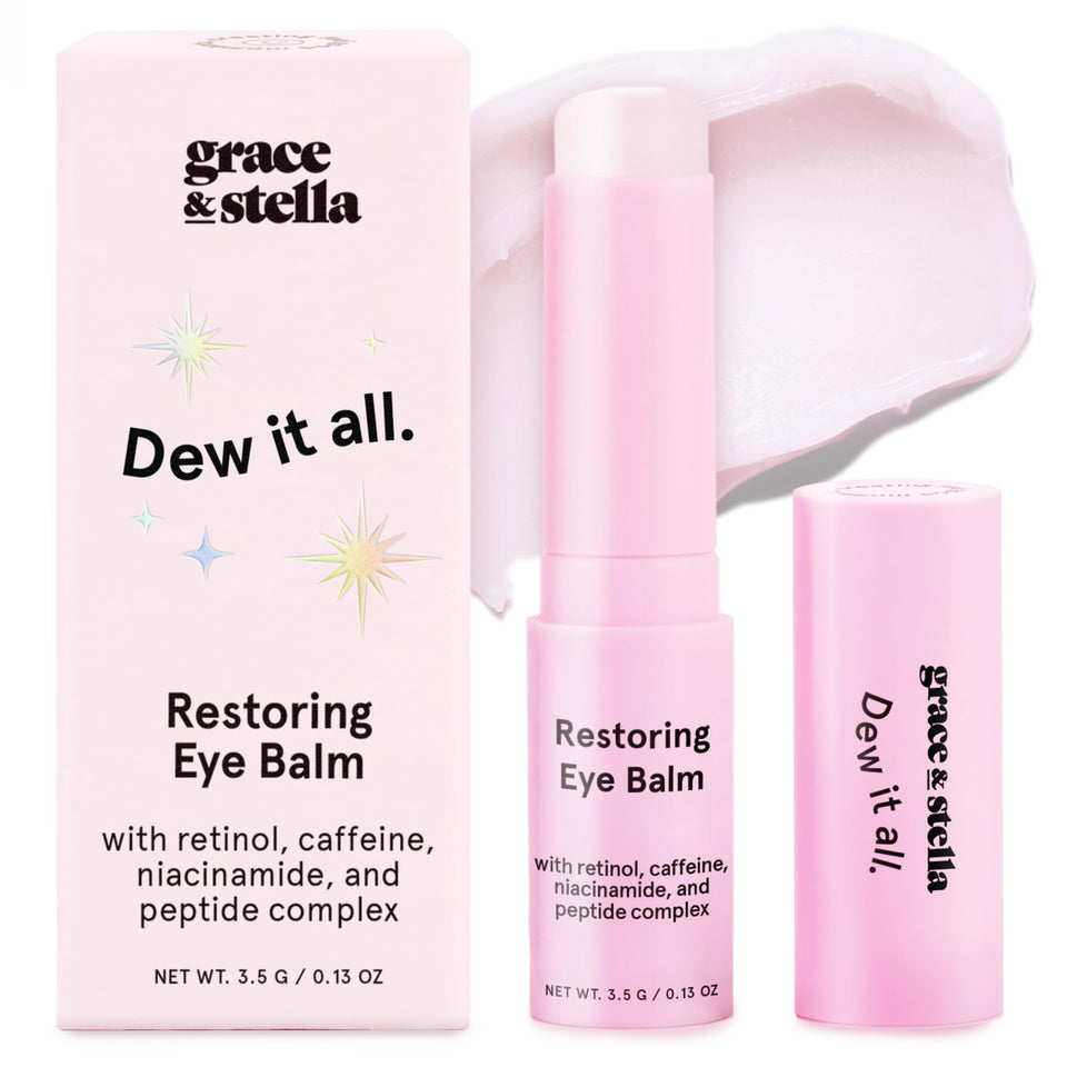 grace & stella front packaging of the under eye brightener stick showing compact design and branding benefit: easy travel use