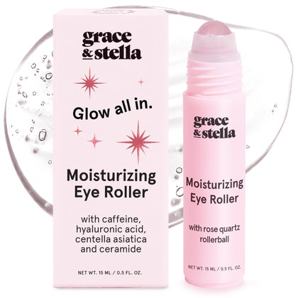 grace & stella front packaging showing compact 15ml tube and roller benefits