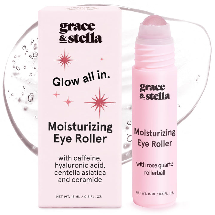 grace & stella front packaging showing compact 15ml tube and roller benefits