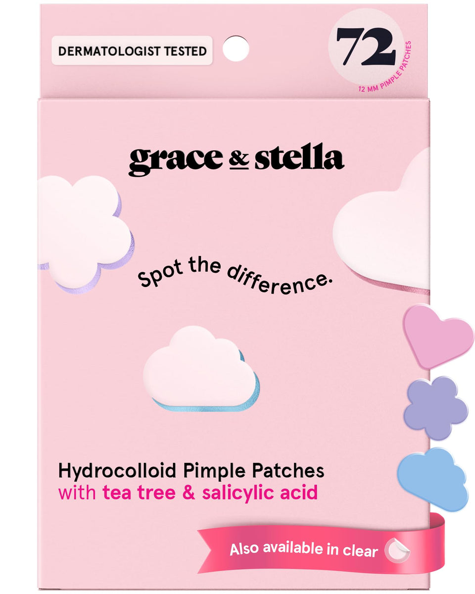 grace & stella front packaging showing 72-count patch box and branding benefit: portable treatment