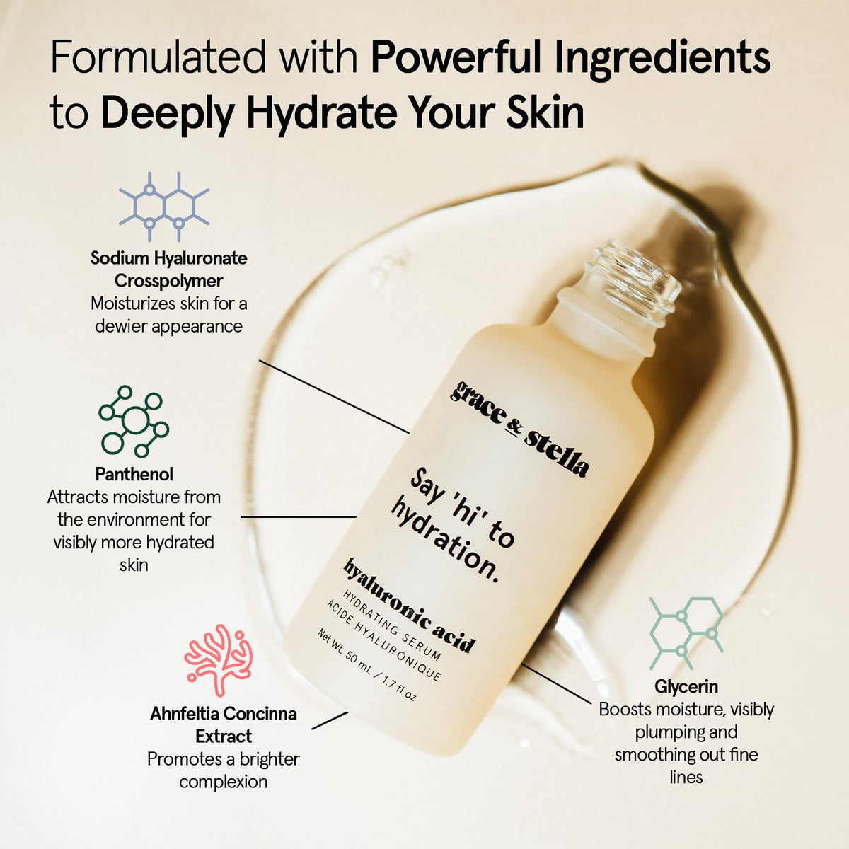 grace & stella ingredient label close-up listing hyaluronic acid and clean benefits
