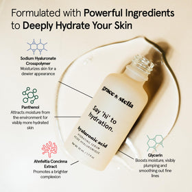 grace & stella ingredient label close-up listing hyaluronic acid and clean benefits