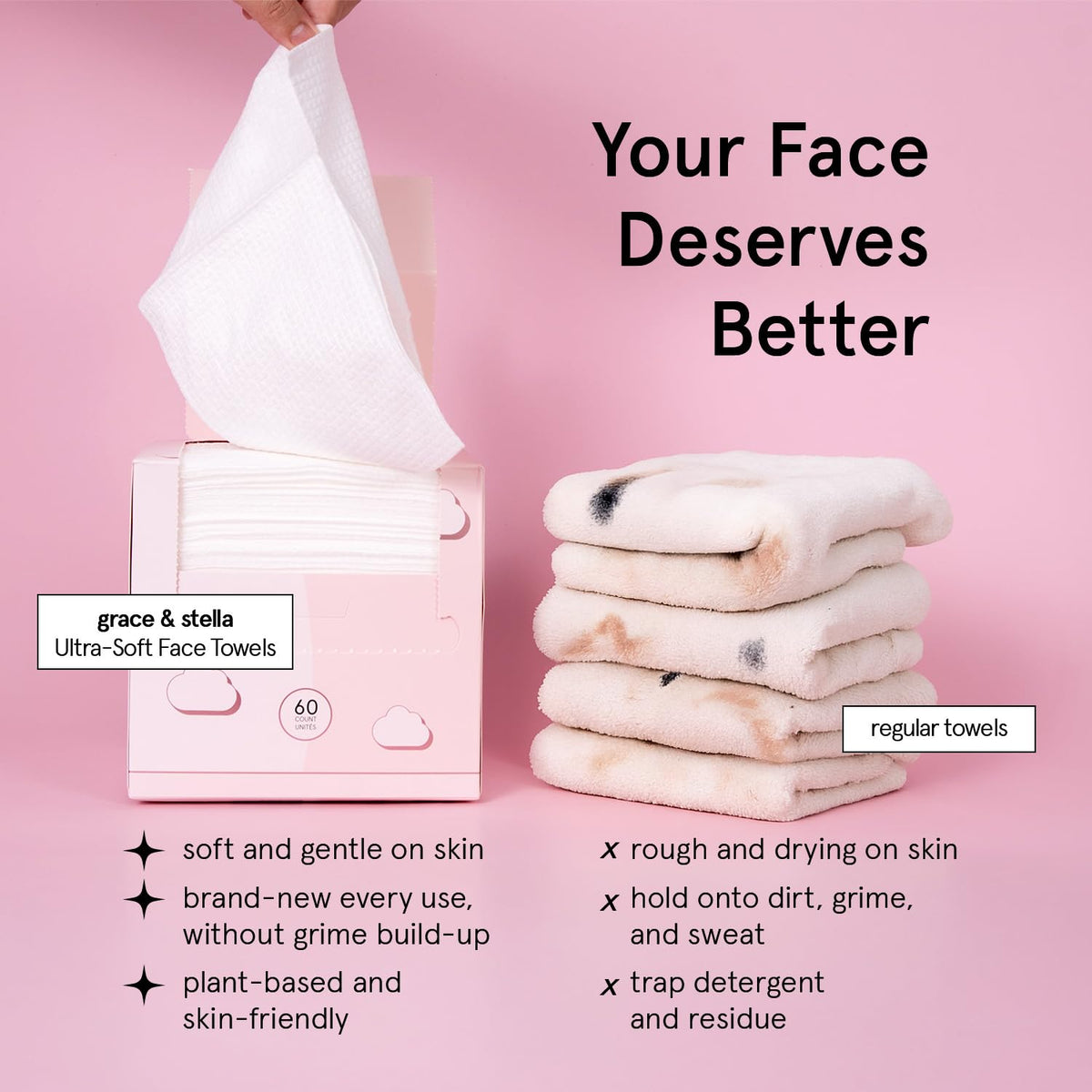 grace & stella towel next to hand showing XL size for full-face coverage