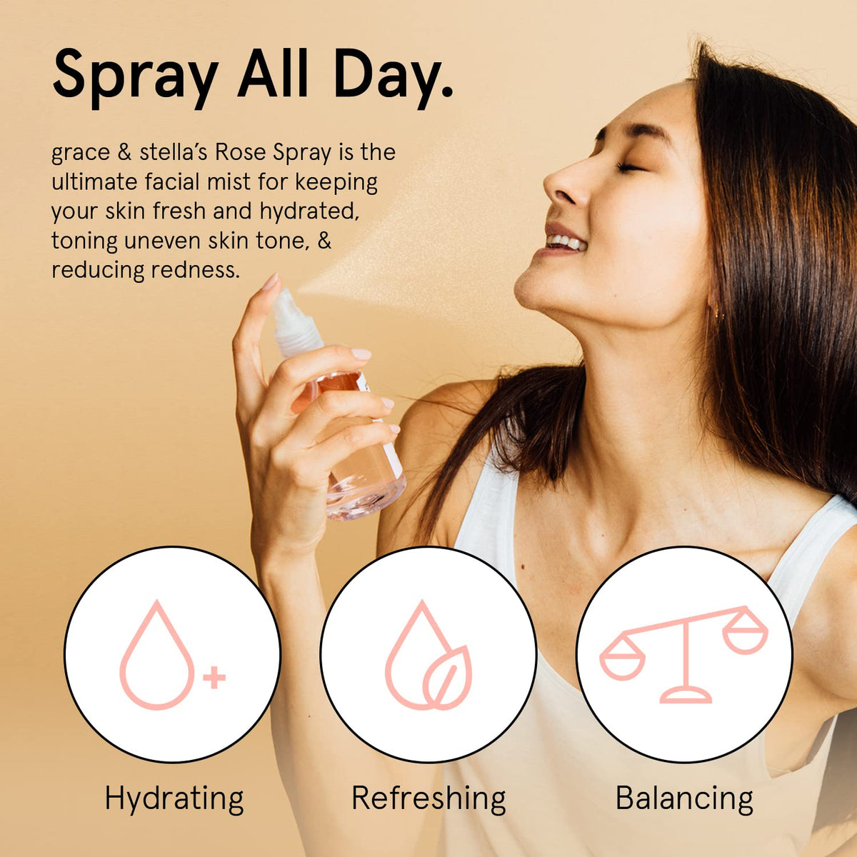 grace & stella spray nozzle releasing fine mist for even hydration benefit