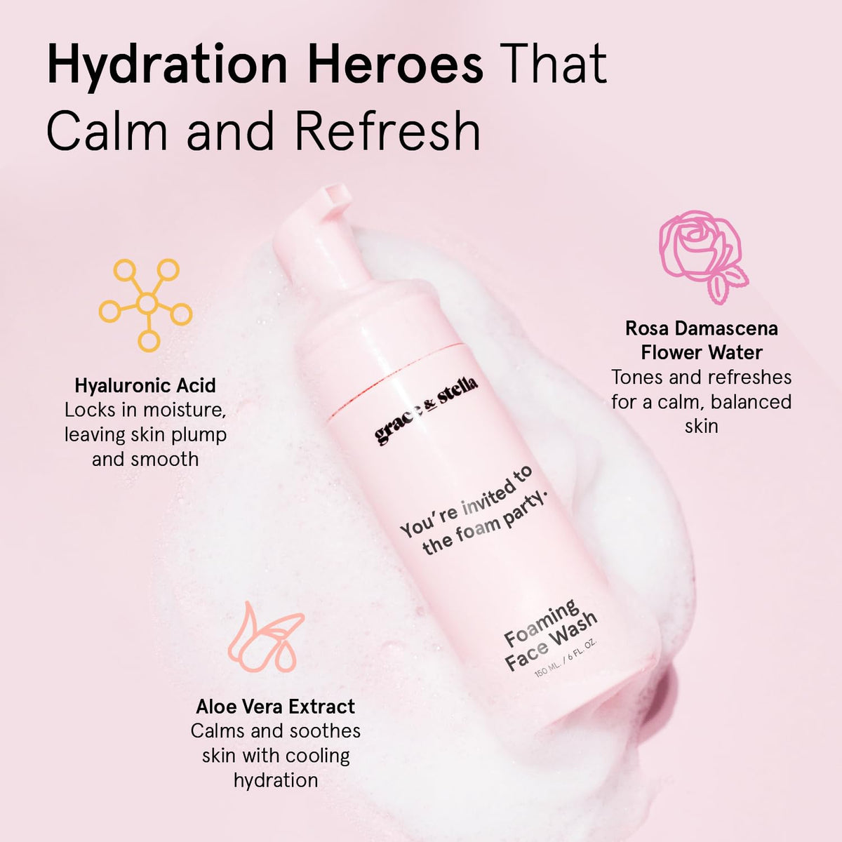 grace & stella rose water and aloe vera ingredients highlighting soothing hydration
