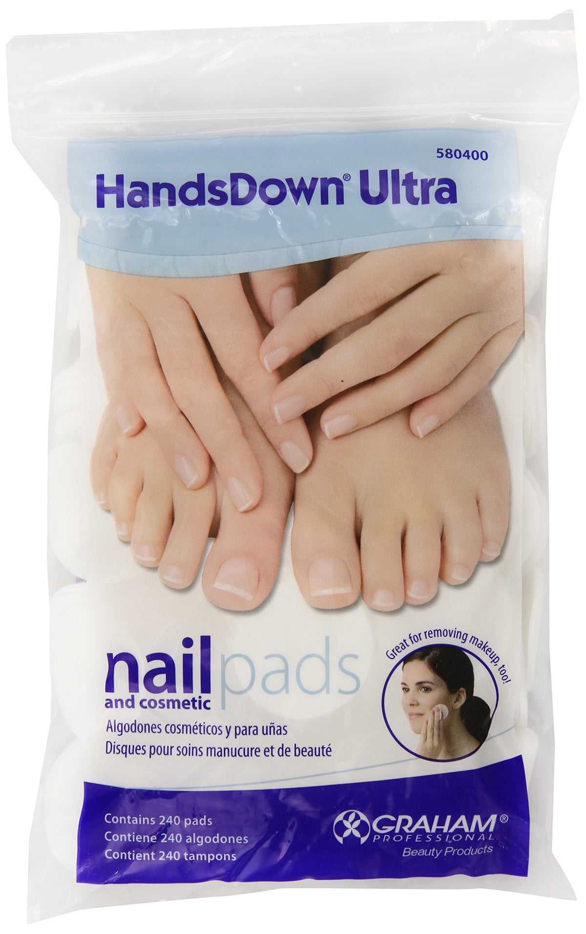 Graham Hands Down front packaging showing 240 white lint-free pads and easy grab benefit