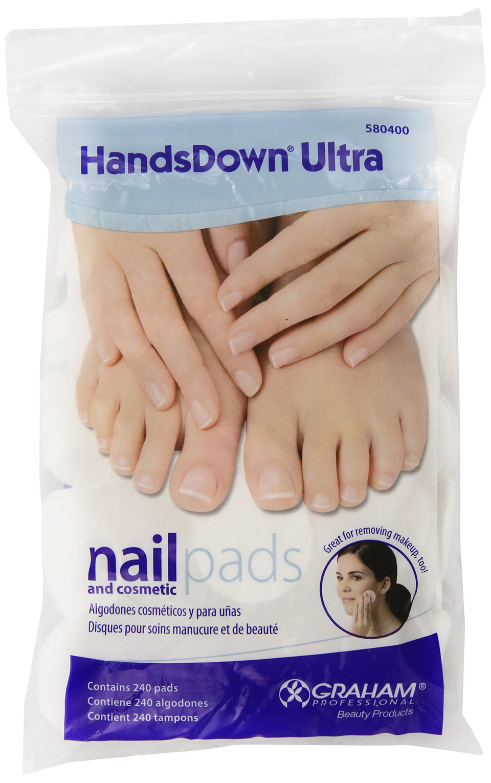 Graham Hands Down front packaging showing 240 white lint-free pads and easy grab benefit
