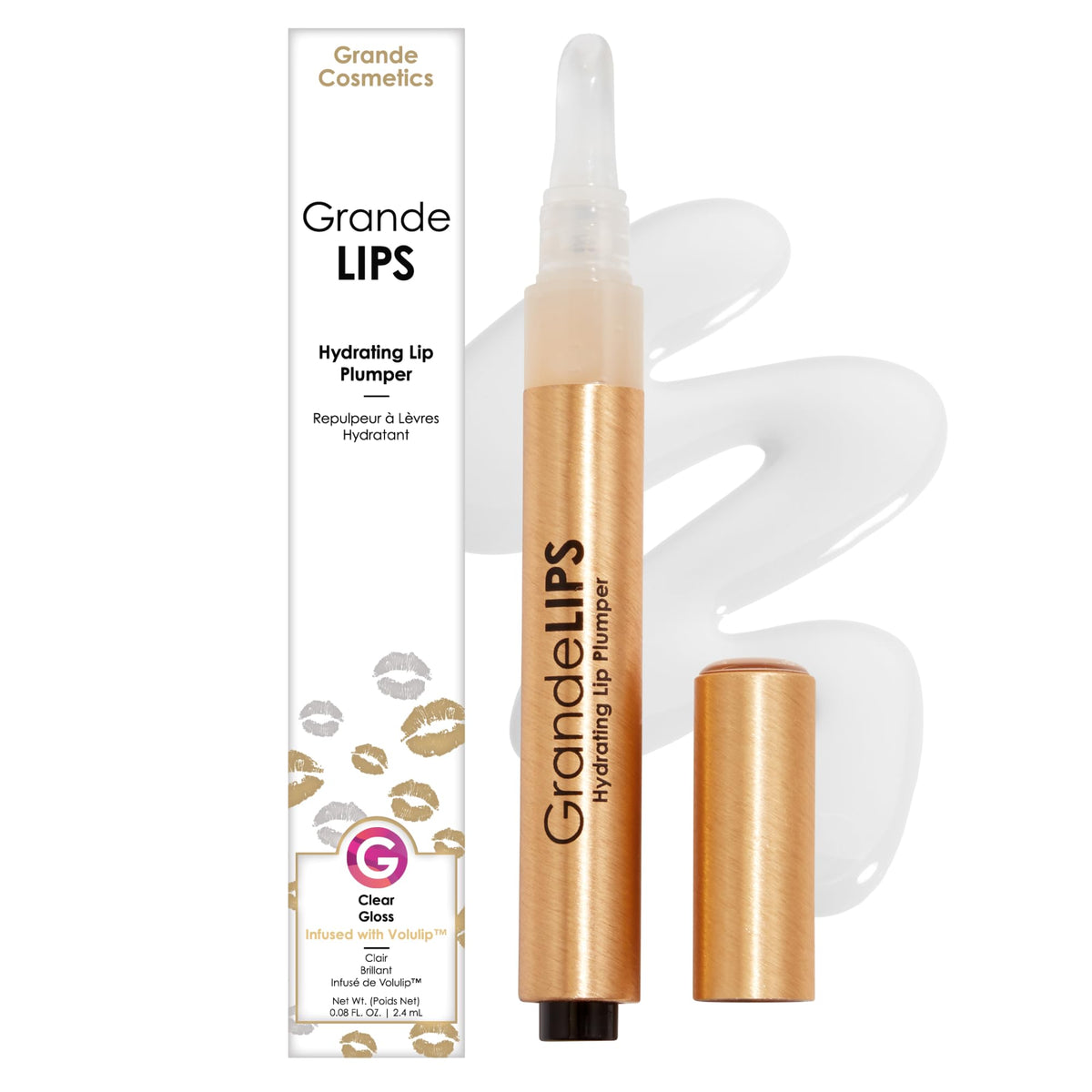 Grande Cosmetics GrandeLIPS front packaging showing clear gloss and brand