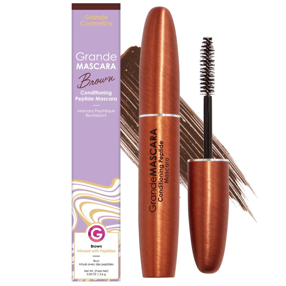 Grande Cosmetics GrandeMASCARA front of tube shows sleek branding and product benefit