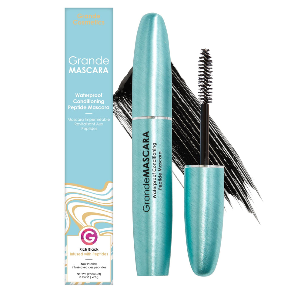 Grande Cosmetics mascara tube front view showing sleek packaging and waterproof promise