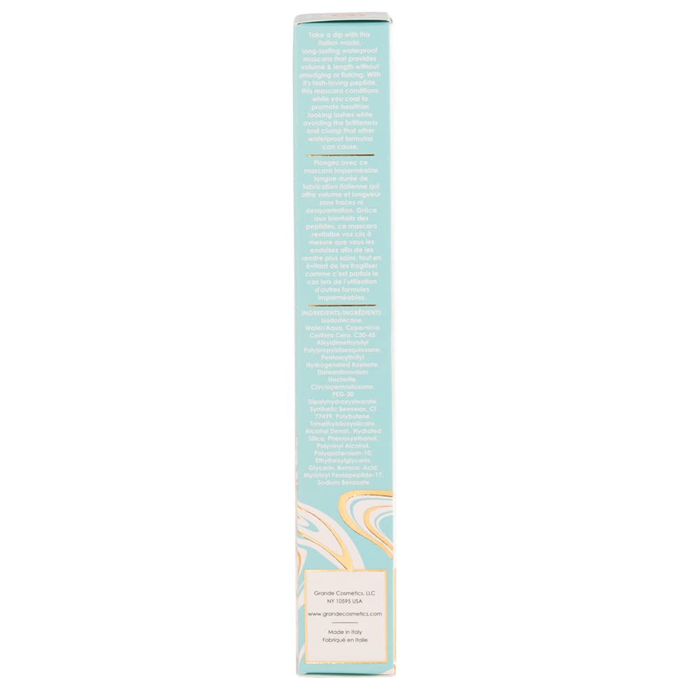 Grande Cosmetics mascara placed on bathroom counter for everyday waterproof wear