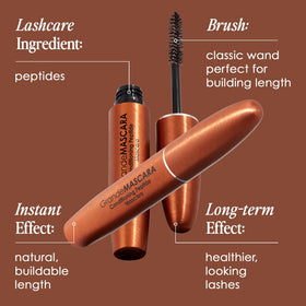 Grande Cosmetics GrandeMASCARA packaging label highlighting peptide ingredients and clarity benefit