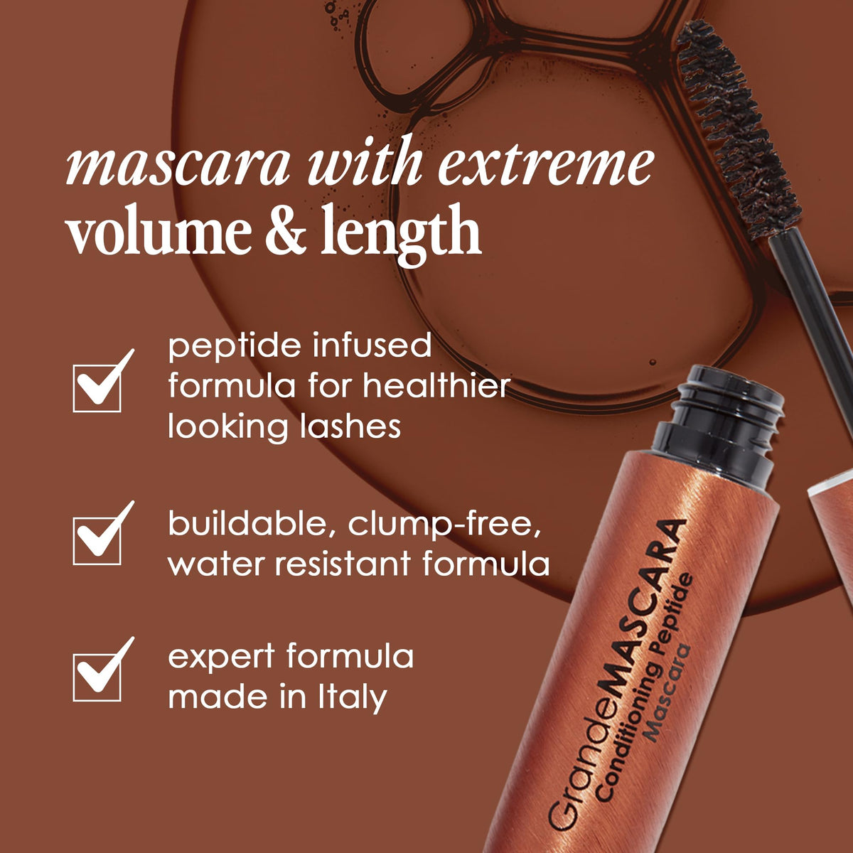 Grande Cosmetics GrandeMASCARA applied on lashes showing length and conditioned finish