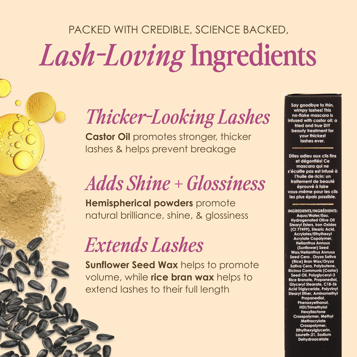 Grande Cosmetics ingredient label detail highlighting castor oil inclusion benefit