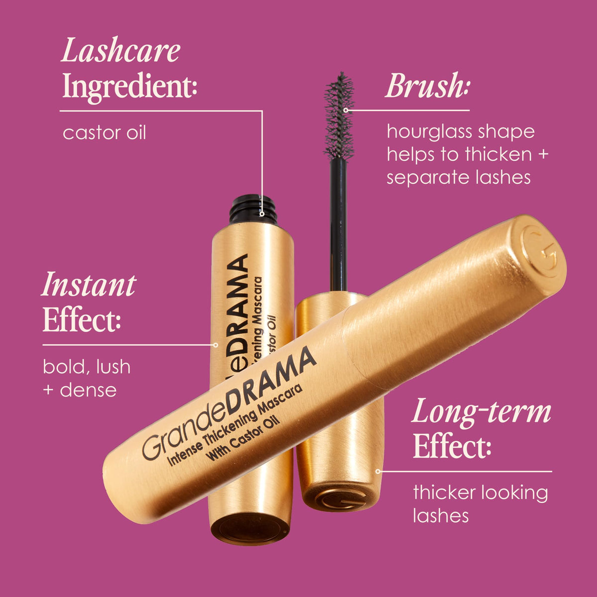 Grande Cosmetics application scene on model showing lifted, defined lashes