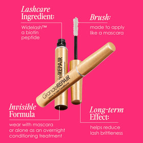 Grande Cosmetics GrandeREPAIR label detail highlighting Widelash peptide ingredient benefit