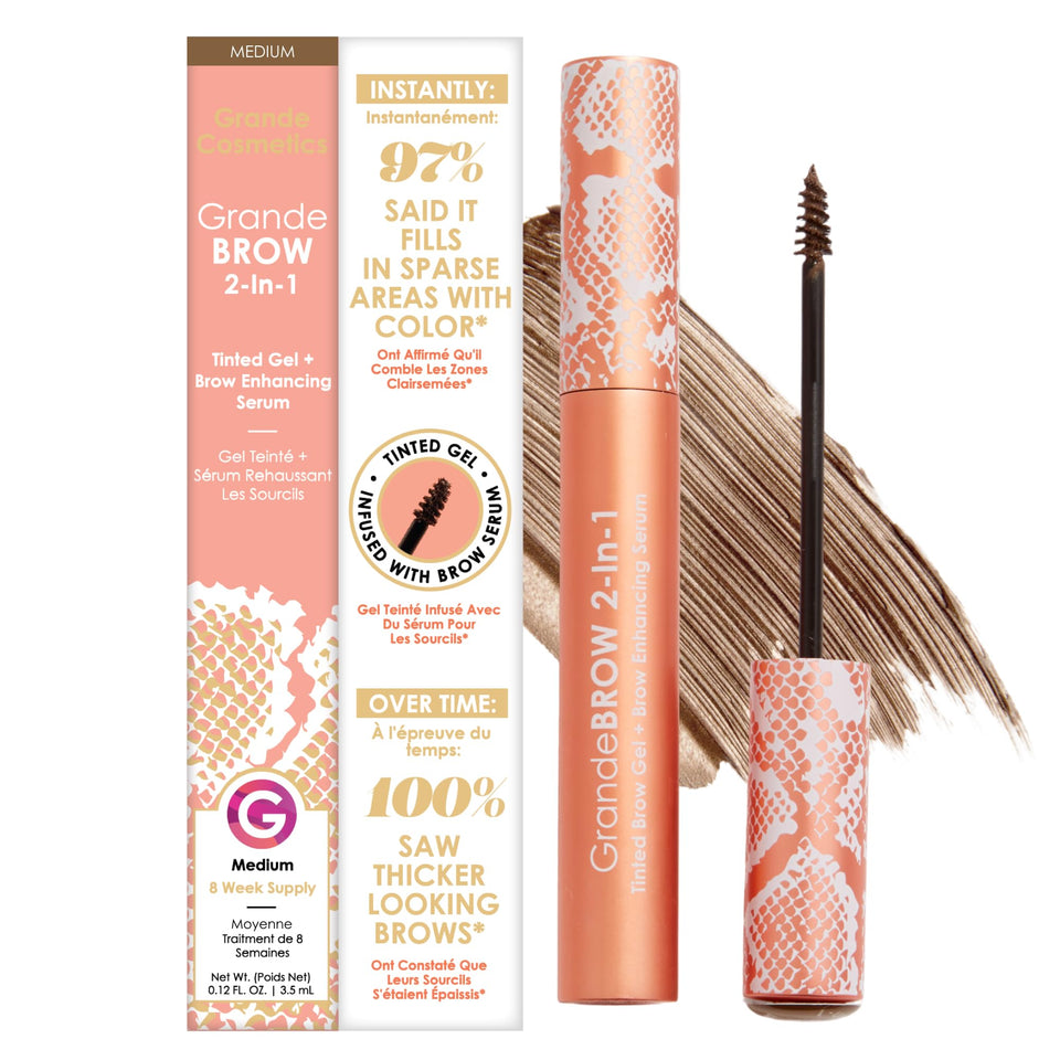 GrandeBROW front packaging showing shade Medium and clear labeling for immediate volume