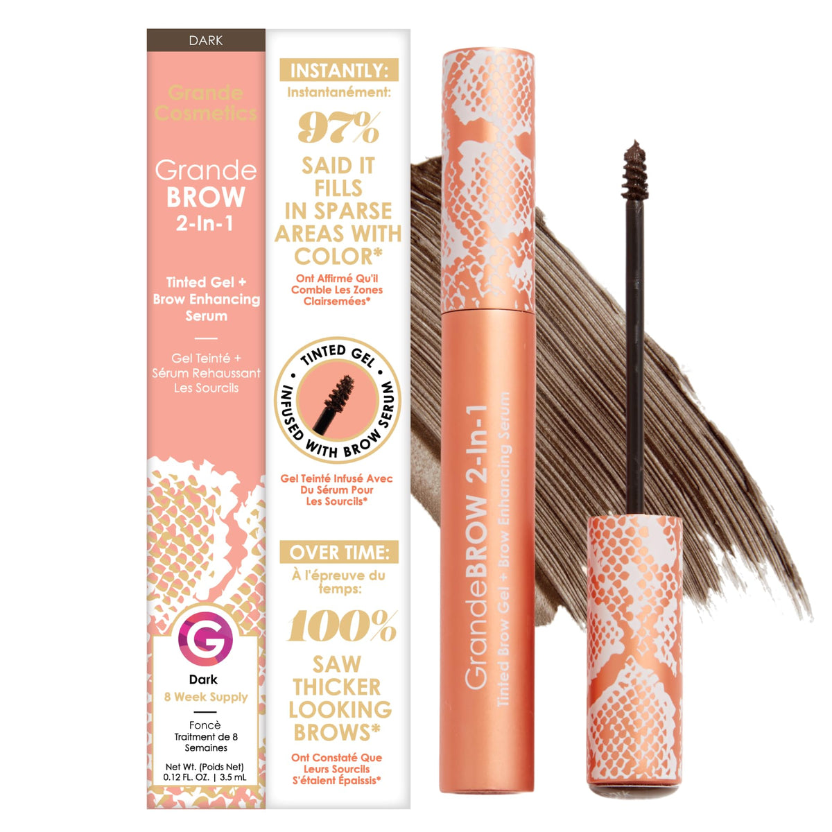 Grande Cosmetics front tube showing tinted gel and serum benefits