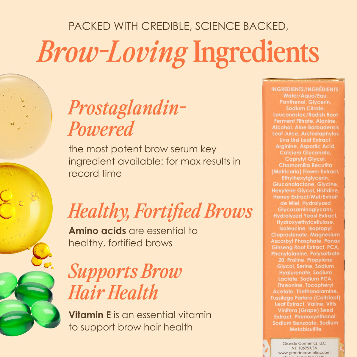 Grande Cosmetics ingredients flatlay featuring botanical extracts and vitamins blend