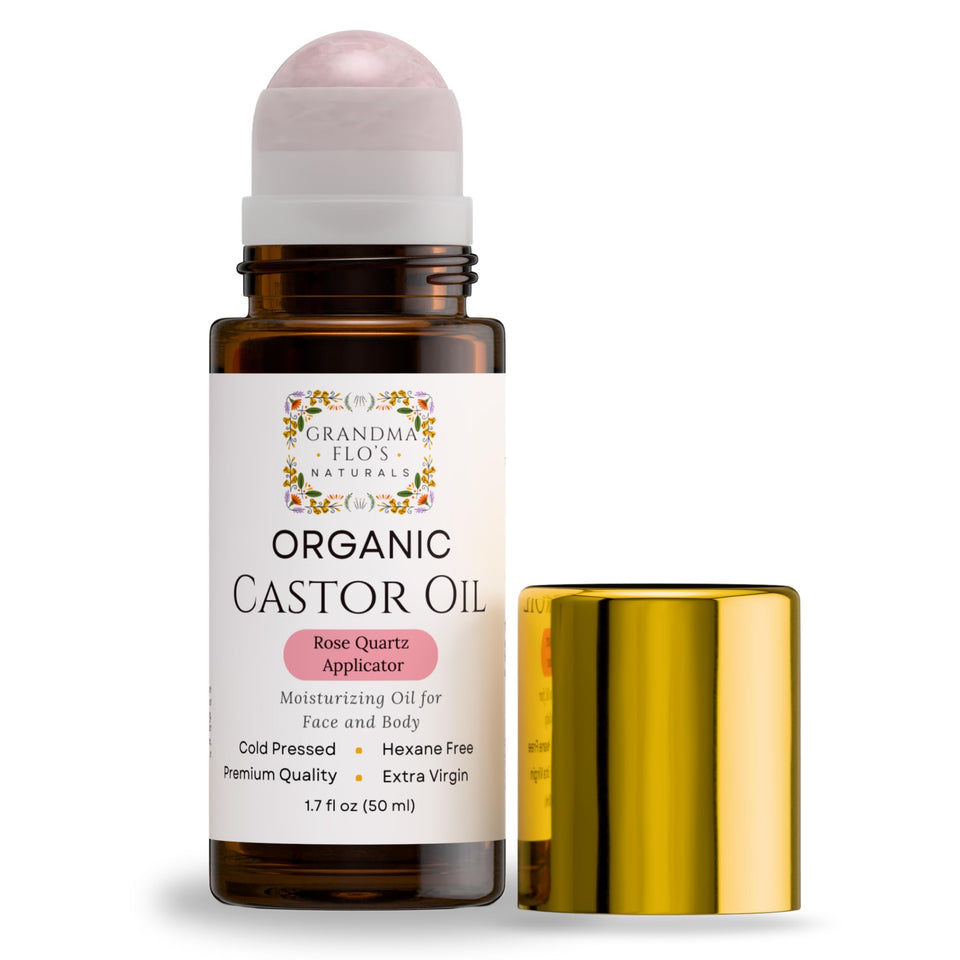 Grandma Flo's Naturals front glass bottle showing amber packaging and branding benefits