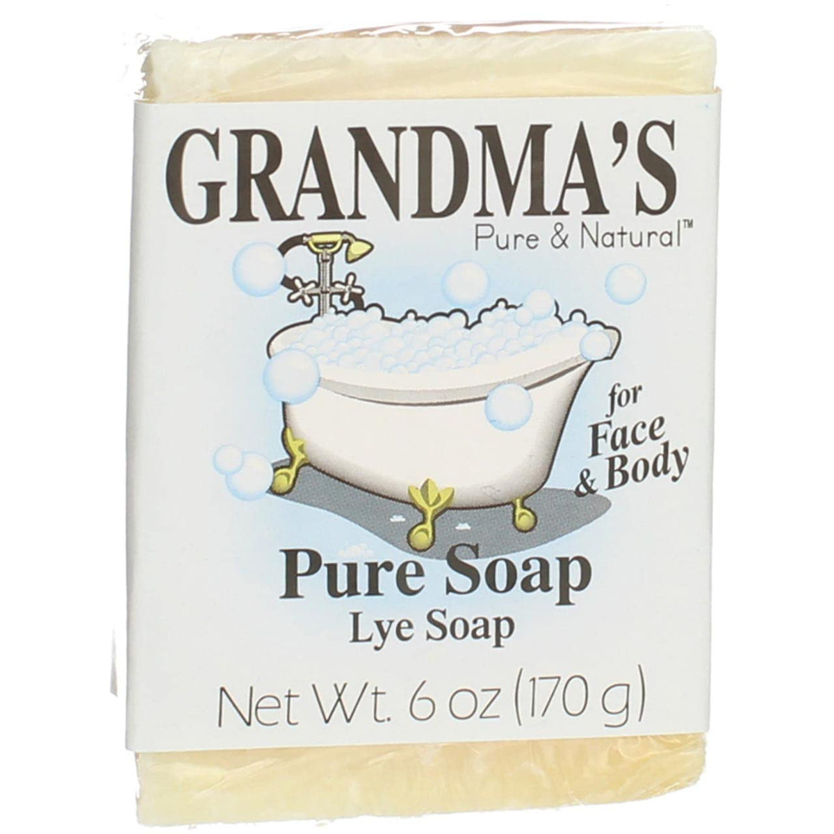 Grandma's Pure lye soap front packaging showing unscented benefit