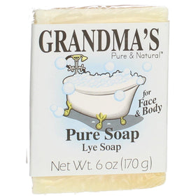 Grandma's Pure lye soap front packaging showing unscented benefit