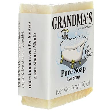 Six-pack box of Grandma's Pure soap proving economical value