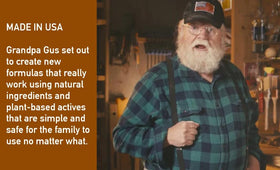 Label view of Grandpa Gus's with directions and safety guidance for proper use