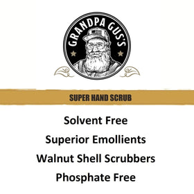 Pump dispensing Grandpa Gus's Super Hand Scrub demonstrating easy application