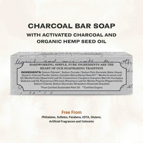 Close-up texture of Grandpa Soap Company charcoal bar highlighting smooth lather