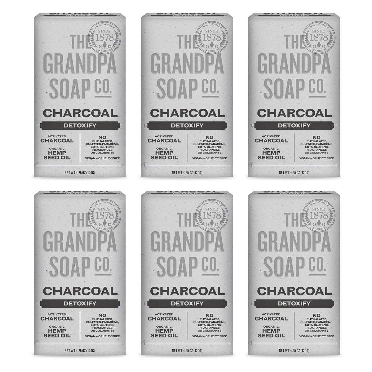 The Grandpa Soap Company front packaging showing charcoal bar and benefits
