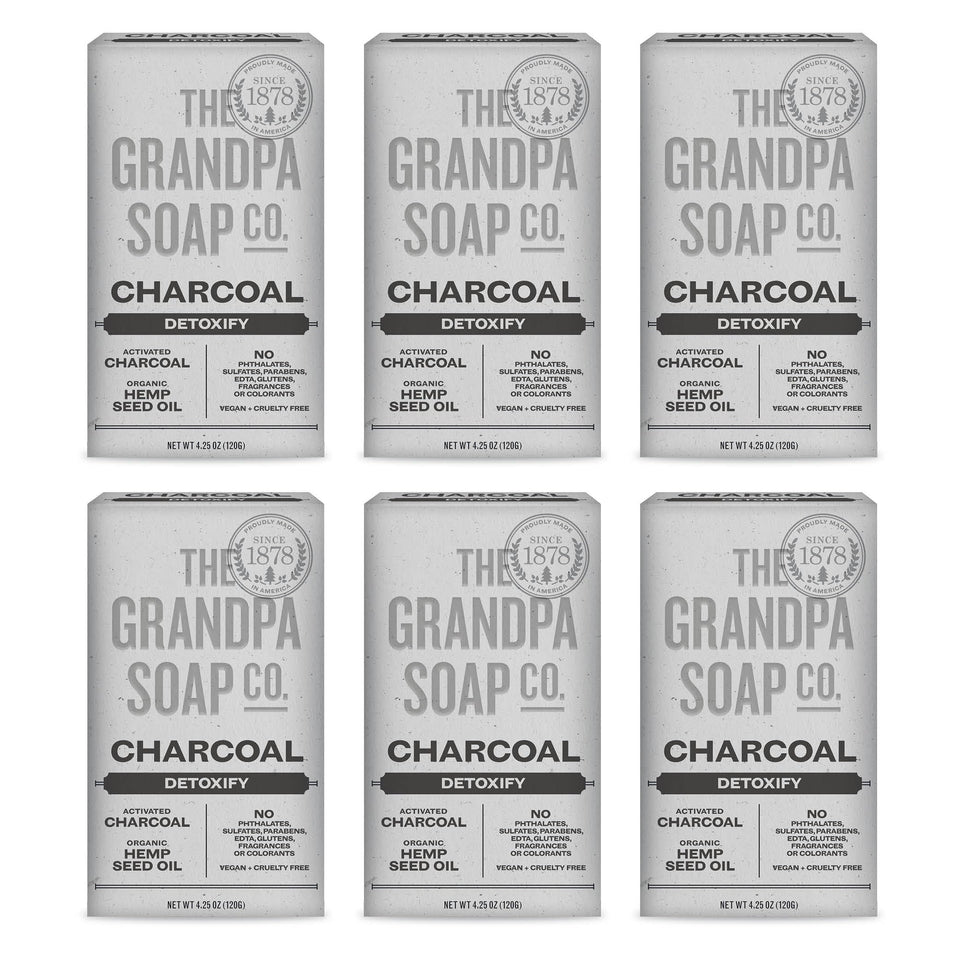 The Grandpa Soap Company front packaging showing charcoal bar and benefits