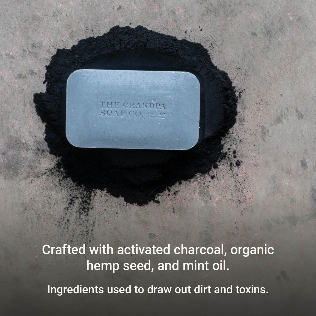 Grandpa Soap Company ingredients hemp seed, mint oil, and activated charcoal display