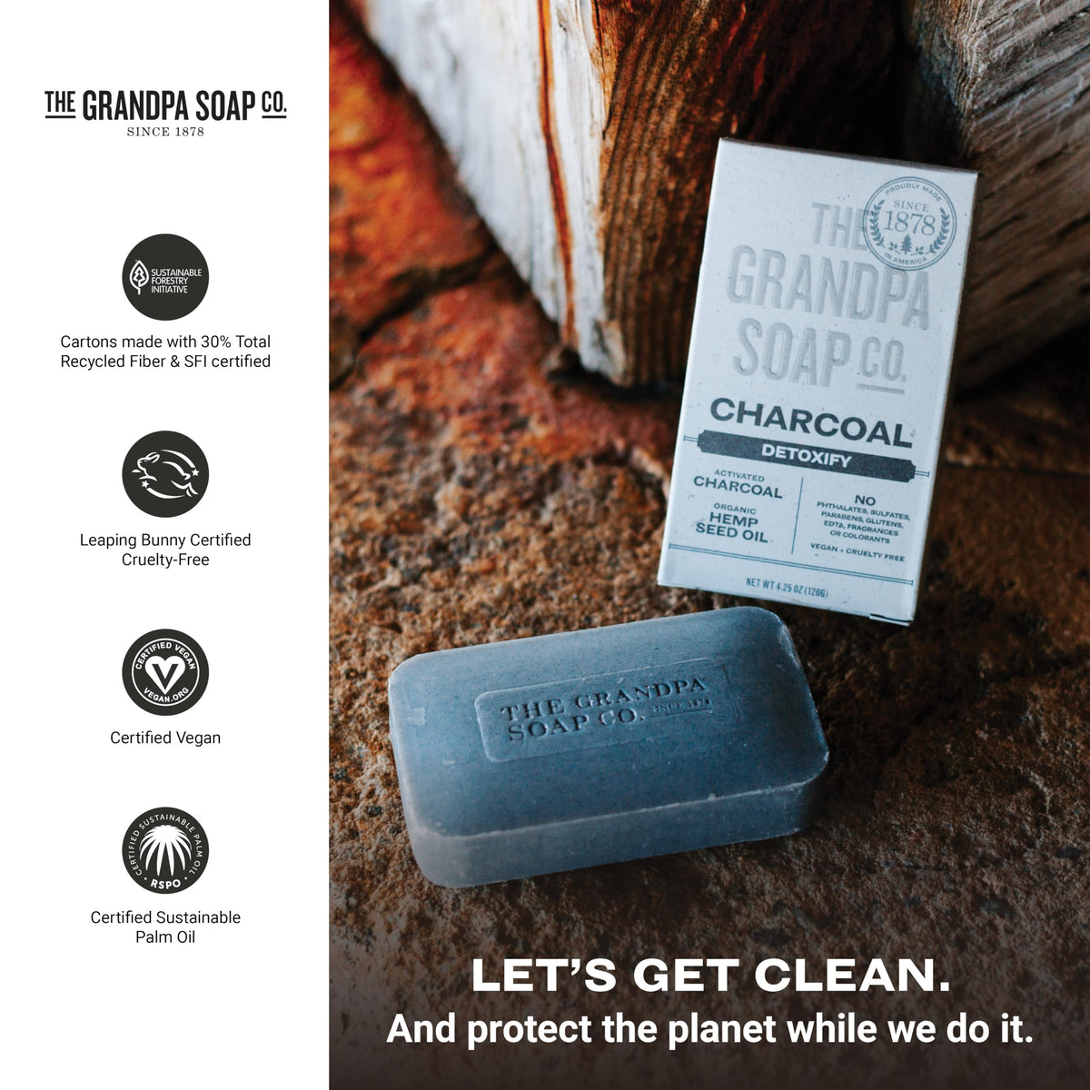 Six-pack boxed set of Grandpa Soap Company charcoal bars ready for bathroom storage