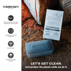 Six-pack boxed set of Grandpa Soap Company charcoal bars ready for bathroom storage