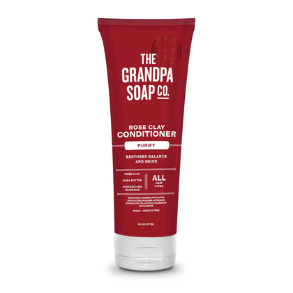 The Grandpa Soap Company front tube showing product branding and rose clay benefits