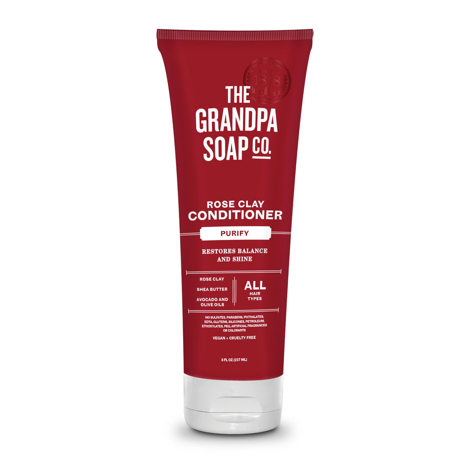 The Grandpa Soap Company front tube showing product branding and rose clay benefits